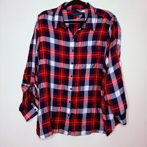 TOMMY HILFIGER Classic Preppy Fall Plaid Roll Tab Sleeves Camp Buttondown Shirt